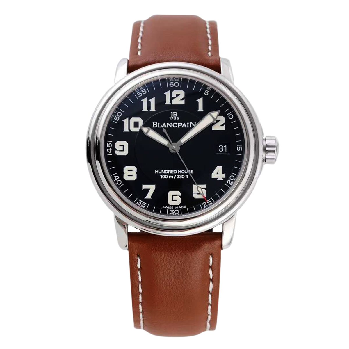 Hundred Hours Black Dial in Steel on Brown Leather Strap