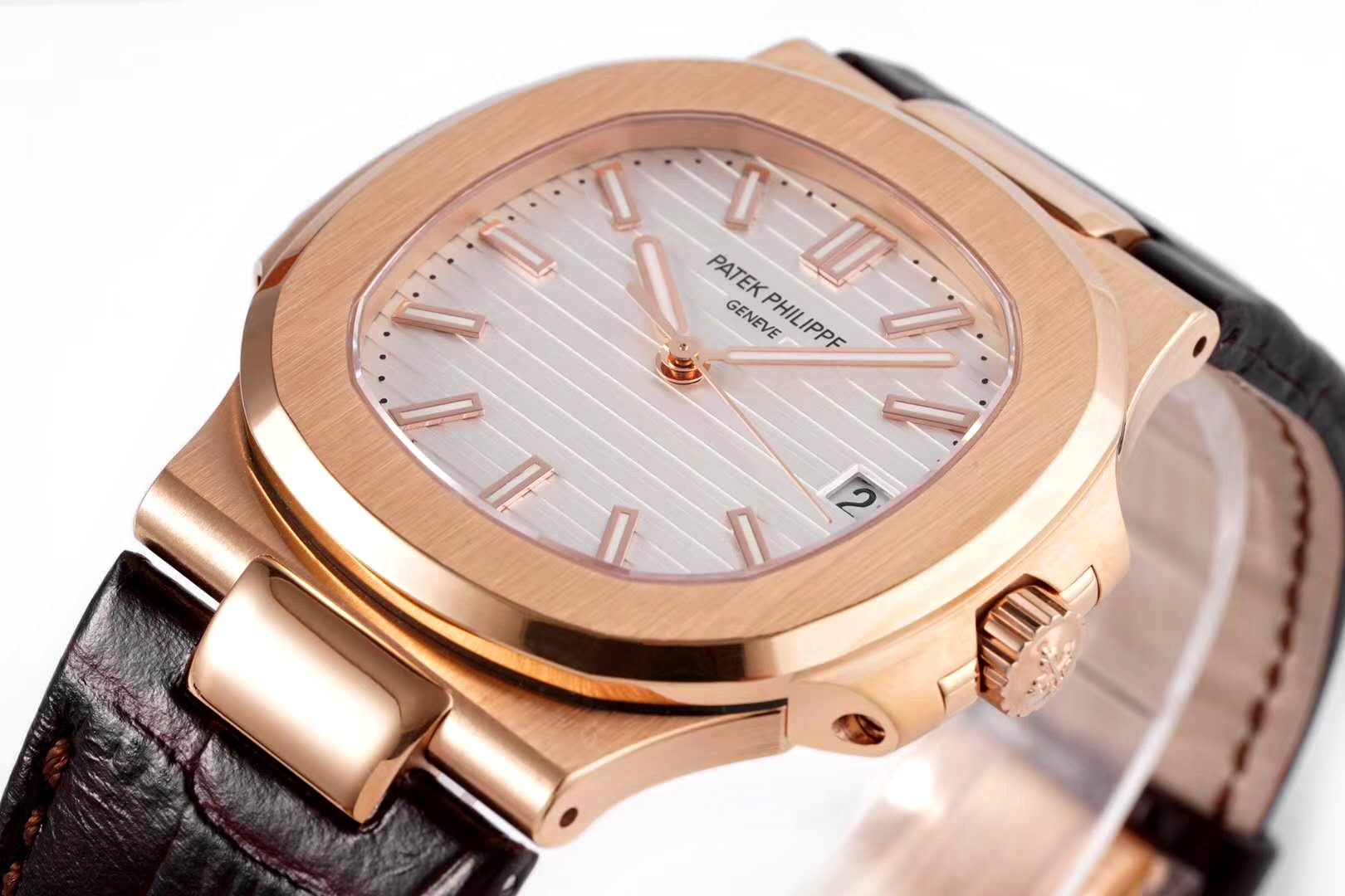 Nautilus Jumbo 5711 White Dial in Rose Gold with Brown Leather Strap
