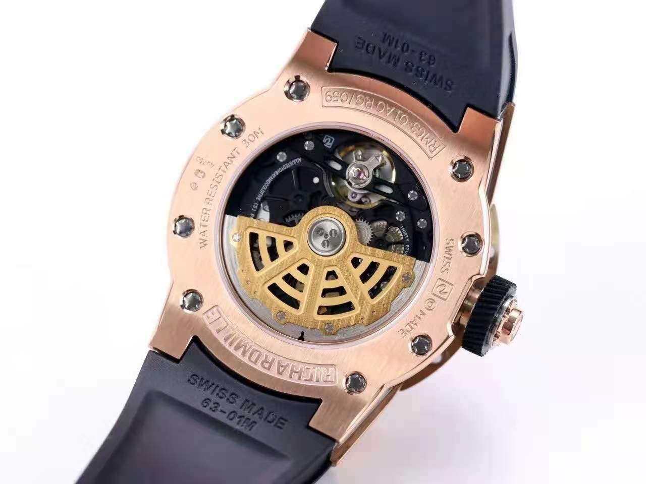 RM063-01 Automatic Winding Dizzy Hands in Red Gold/Titanium on Black Rubber Strap