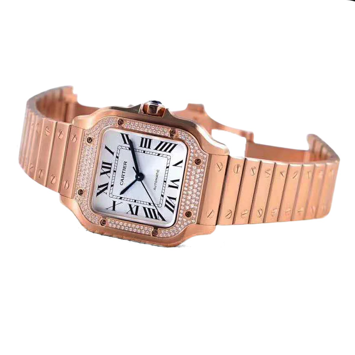 Santos de Ca*t1er White Dial with D1am0nd Bezel in Rose Gold