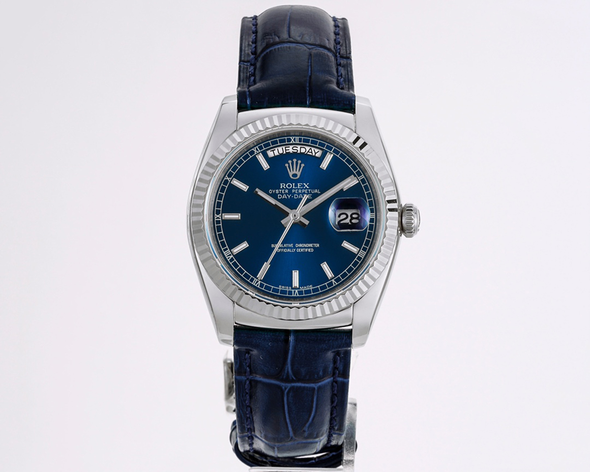 Day-Date 40 Blue Dial in White Gold on Leather Strap