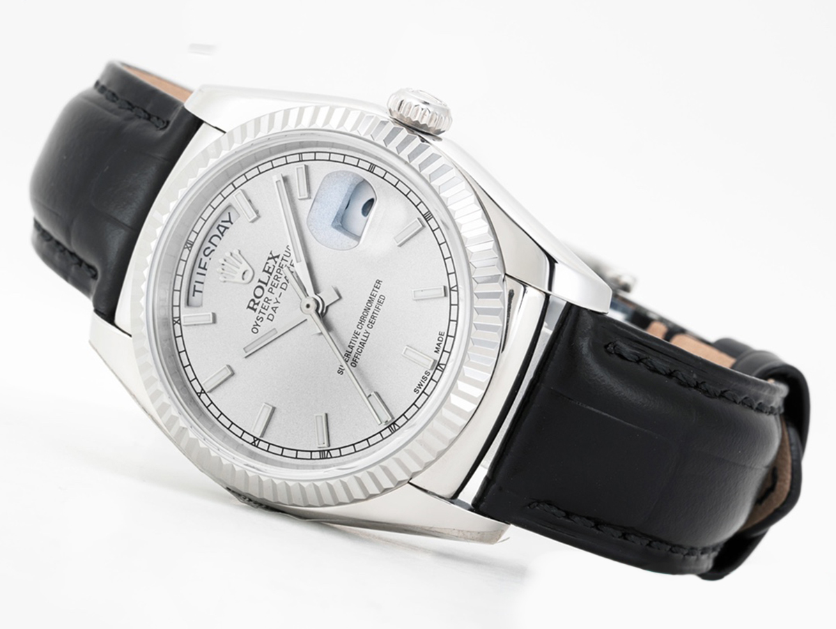 Day-Date 40 Silver Dial in White Gold on Leather Strap