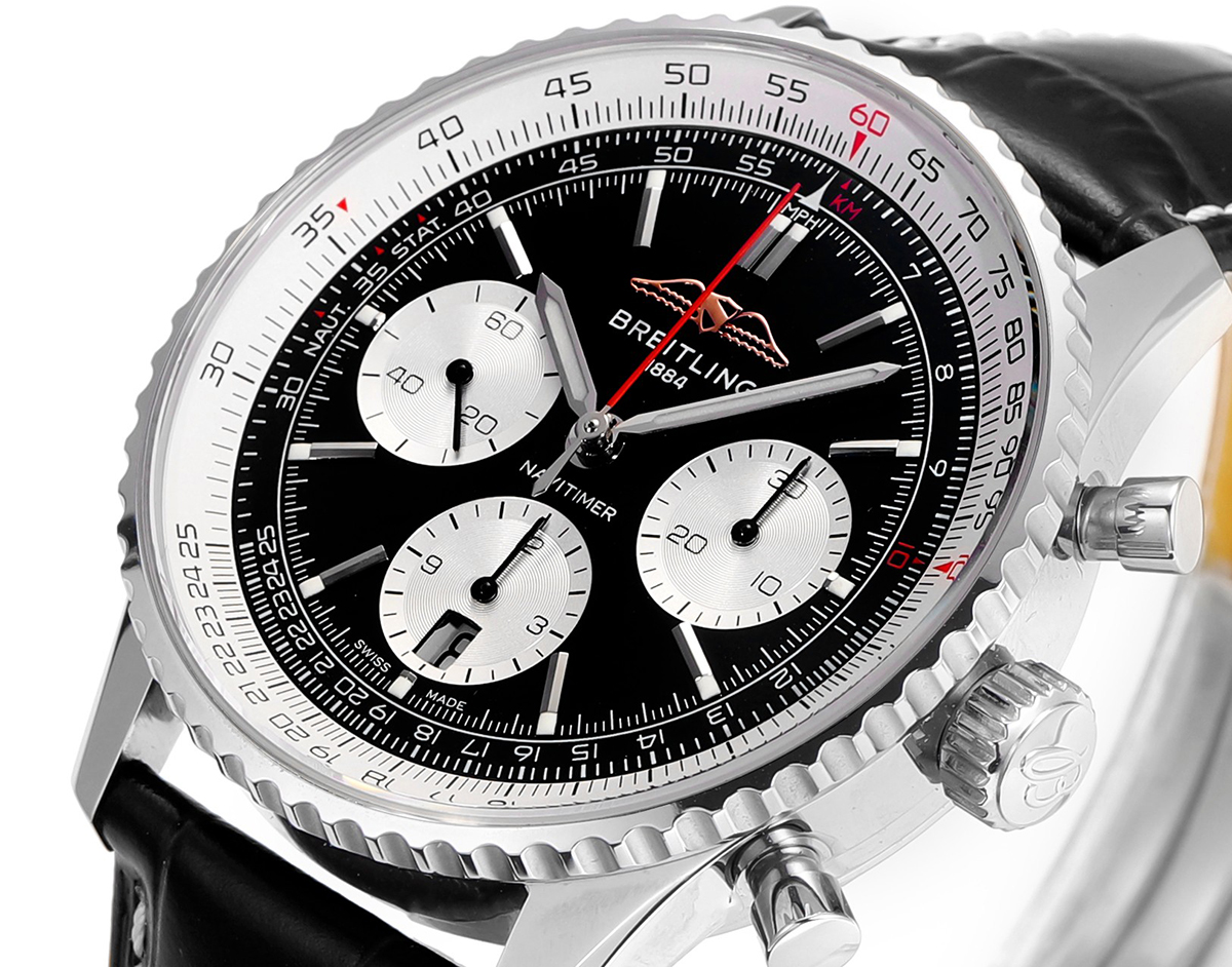 Navitimer B01 Chronograph 43 Black Dial in Steel on Leather Strap Ref. AB0138211B1P1